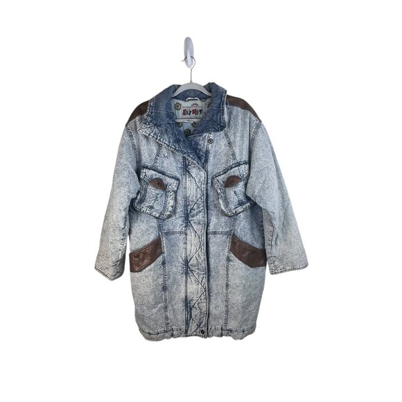 Vintage East West Denim Jacket With Faux Leather Accents & Pockets Button & Zip - Picture 2 of 11